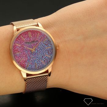 Zegarek damski BRUNO CALVANI brokatowa tarcza BC90533.Tarcza zegarka w dwóch kolorach różowym oraz fioletowym. Bransoleta meshowa oraz koperta zegarka w kolorze różowego z (1).jpg